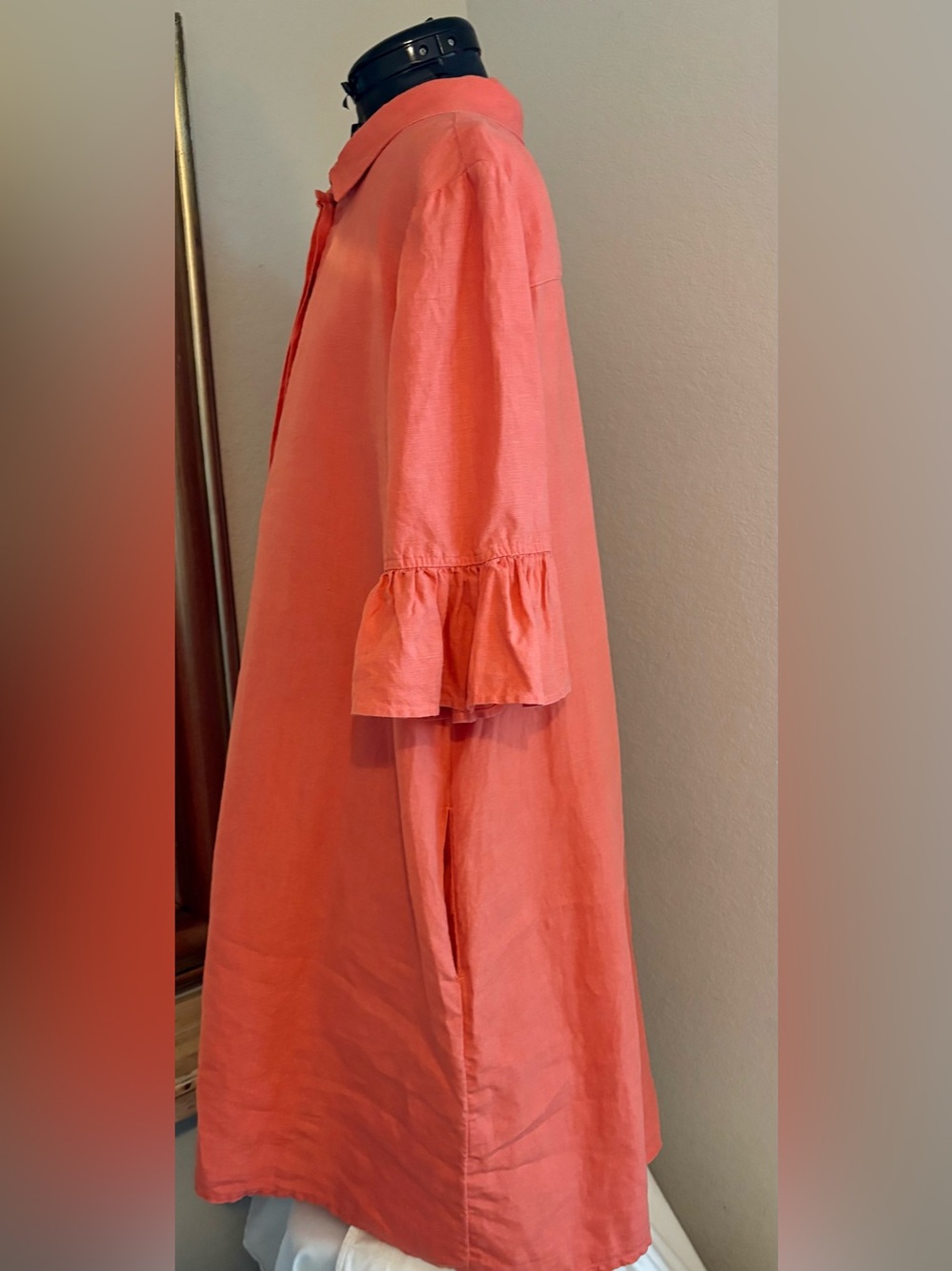 Chicos 100% Linen Coral Orange Ruffle Sleeve Pullover Dress Size 3.5 US 18 - Picture 3 of 6